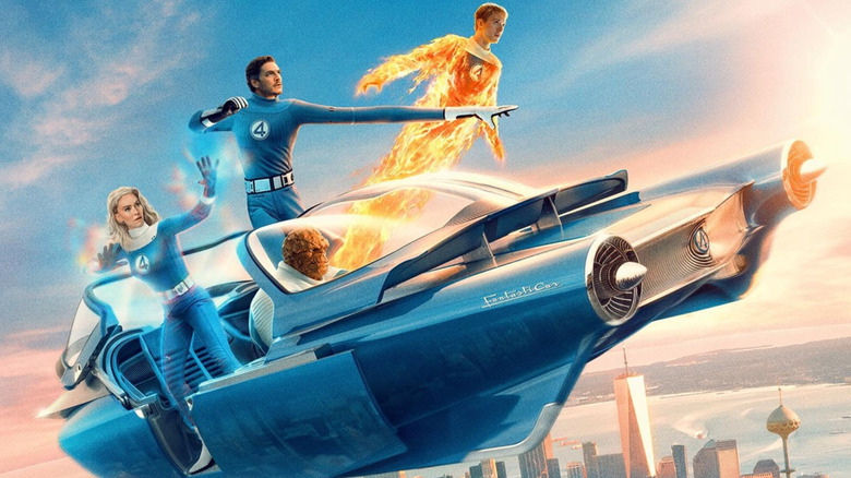 The Fantastic Four flying in the Fantasticar on a poster for The Fantastic Four: First Steps