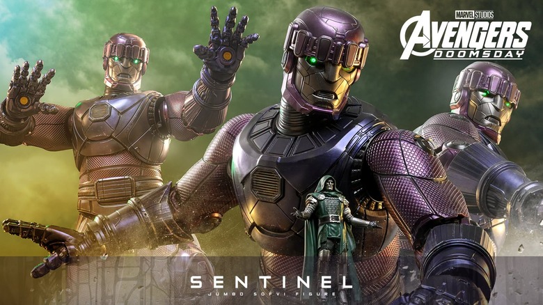 Sentinel action figures are seen in front of a Doctor Doom figure in promotional art for the Hot Toys Sentinel figures from Avengers: Doomsday