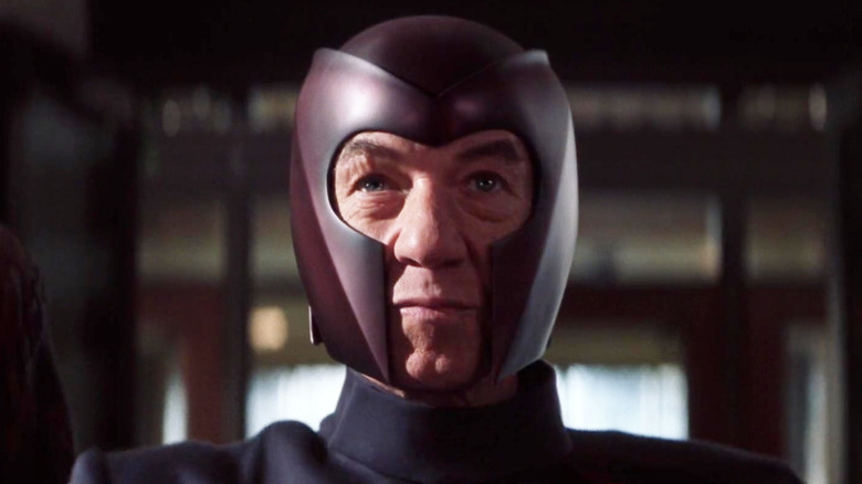 Ian McKellan as Magneto wearing his helmet in X-Men (2000)