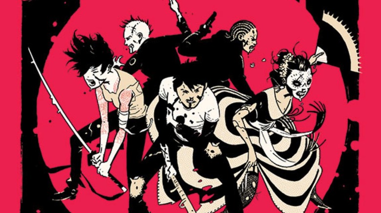 Deadly Class #6 cover - Billy, Willie, Maria, Marcus, and Saya in circle holding weapons