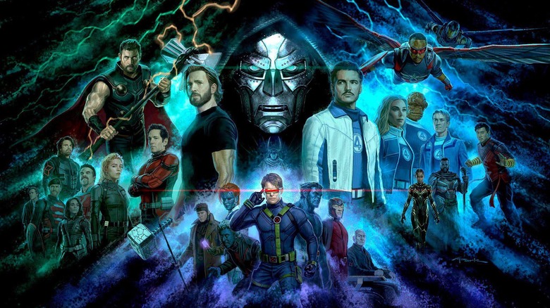 Robert Downey Jr. as Doctor Doom, Chris Evans as Steve Rogers, Pedro Pascal as Reed Richards, and the rest of the cast in official concept art for Avengers: Doomsday
