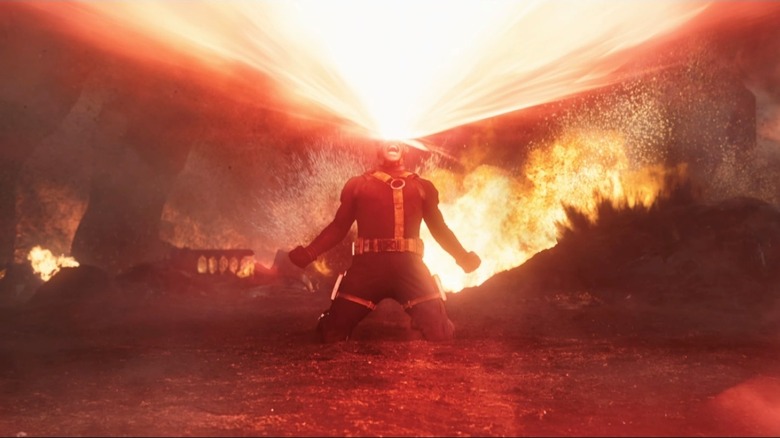 James Marsden as Scott Summers kneeling on the ground and emitting an energy blast out of his eyes in Avengers: Doomsday