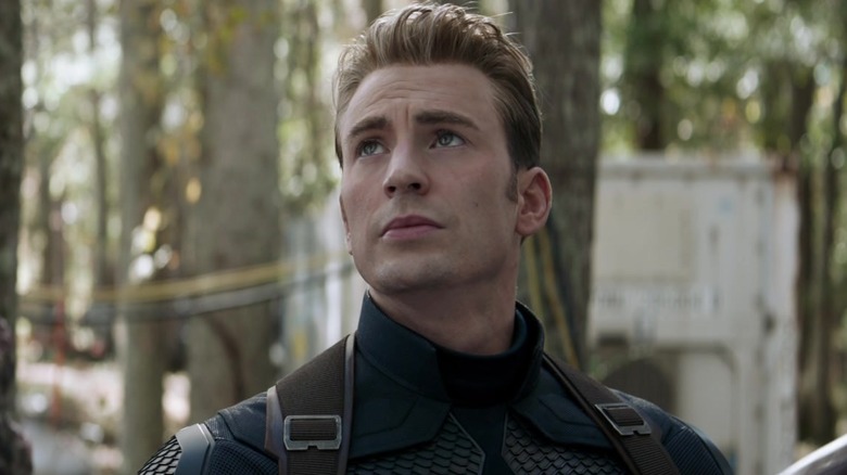 Chris Evans as Steve Rogers looking up at Hulk at the end of Avengers: Endgame