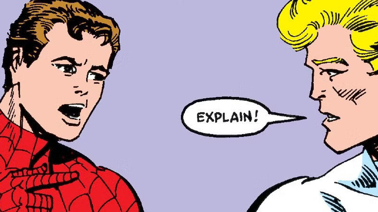 Peter Parker talking to the Beyonder, with the Beyonder saying "Explain" in Secret Wars II
