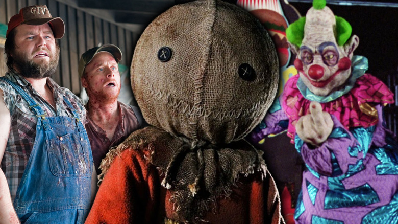 Sam from Trick R Treat surrounded by Tucker and Dale vs Evil and one of the Killer Klowns from Outer Space