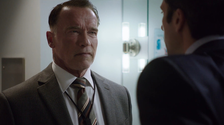 Arnold Schwarzenegger as Breacher, talking to someone in Sabotage.