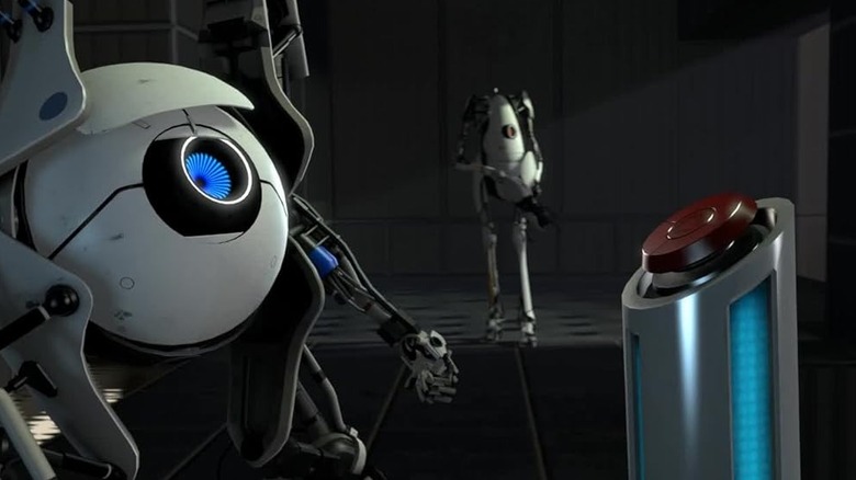 Robots looking at a red button in Portal 2
