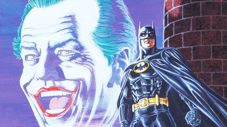 Batman comic book adaptation artwork of Keaton's Batman standing with a superimposed image of Nicholson's Joker head floating in the sky behind him