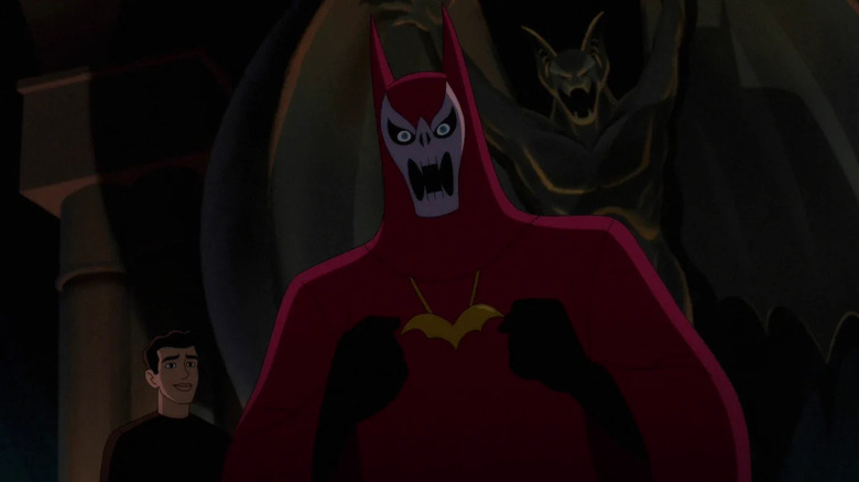 Mad Monk standing before statue of Barbatos in Batman: Caped Crusader