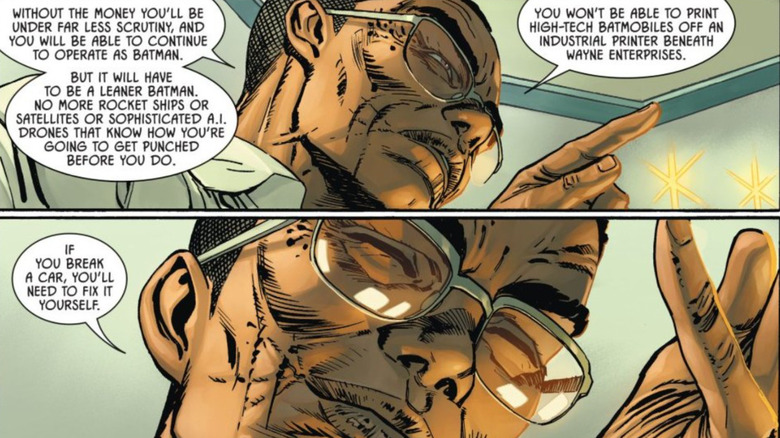 Lucius Fox explains how Bruce Wayne will have to cope without money in Batman The Joker War