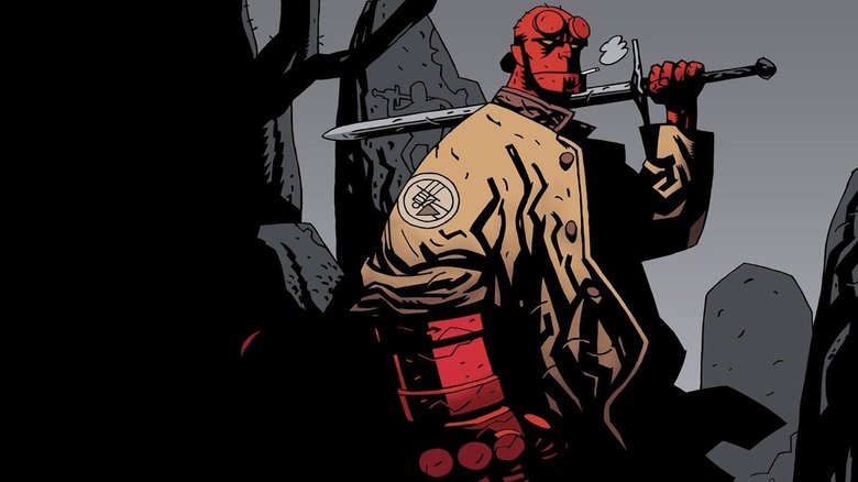 Hellboy holding a sword over his shoulder and smoking cigarette