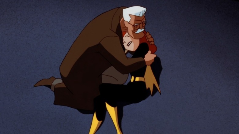 Commissioner Gordon holding a dying Batgirl in the New Batman Adventures episode Over The Edge