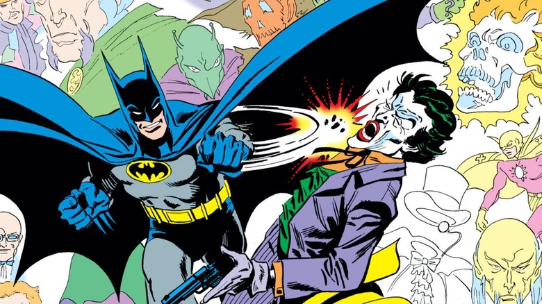 Batman punching out the Joker with headshots of other villains like Killer Moth and Scarecrow in the background, as drawn by Jim Aparo