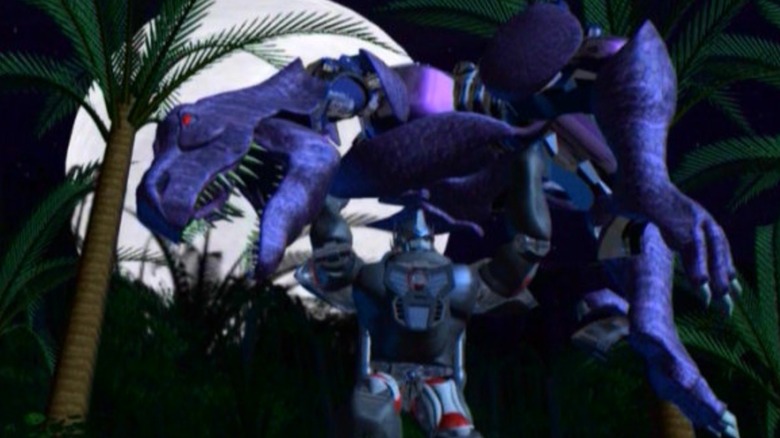 Beast Wars - Optimus Primal holding a defeated Megatron over his head