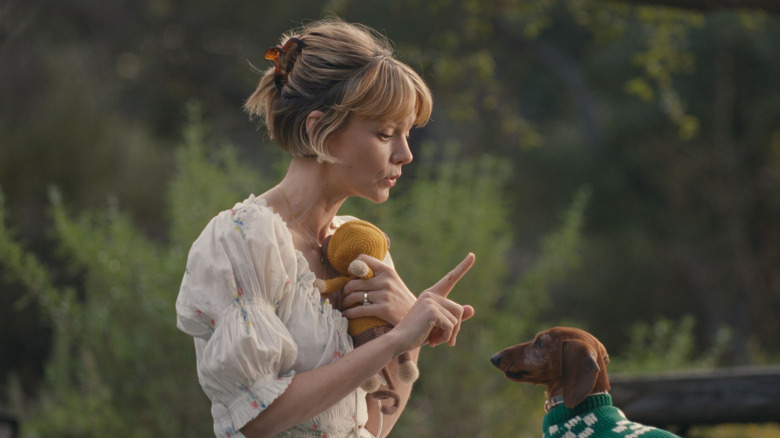 Carey Mulligan in Beef with her pet Dachshund Burberry