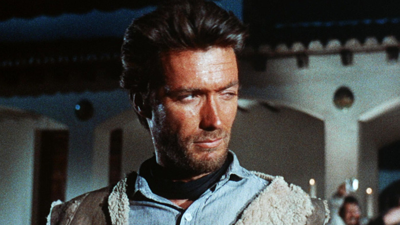 Clint Eastwood's Man with No Name looks off to his left in closeup in A Fistful of Dollars