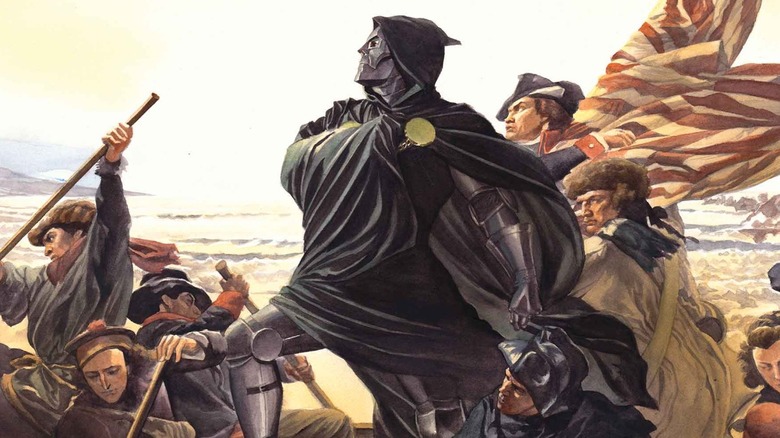 Doomquest #3 cover -- Doctor Doom in place of George Washington crossing the Delaware river