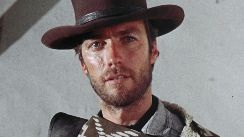 Clint Eastwood's man with No Name is seen in closeup in A Fistfulof Dollars.jpg