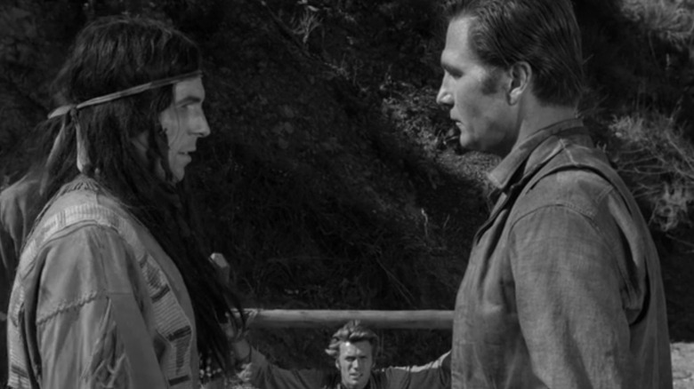 Leonard Nimoy's Anko stands opposite Eric Fleming's Gil Favor as Clint Eastwood's Rowdy Yates sits in the background in Rawhide