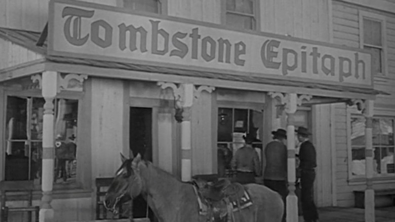 A wide shot of the Tombstone Epitaph building on Tombstone Territory