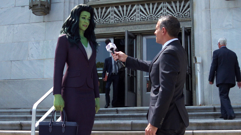 She-Hulk being interviewed outside a courthouse in She-Hulk: Attorney at Law