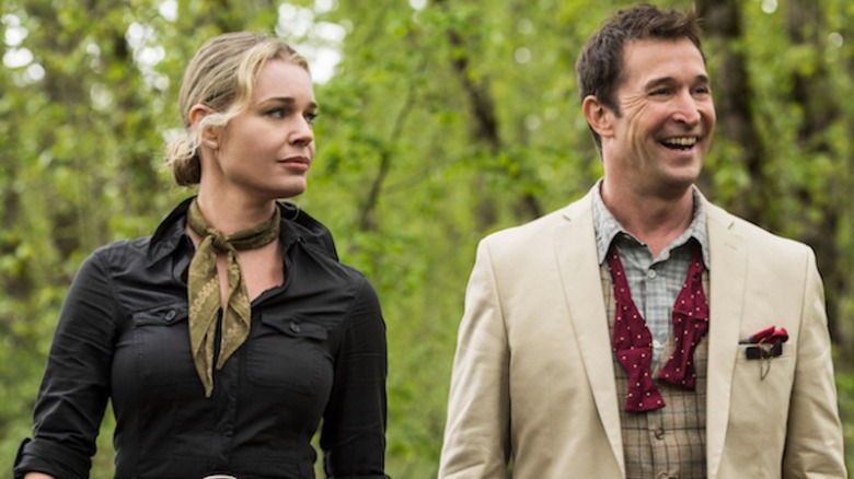 Noah Wyle as Flynn Carsen and Rebecca Romijn Eve Baird are on a jungle hunt in The Librarians