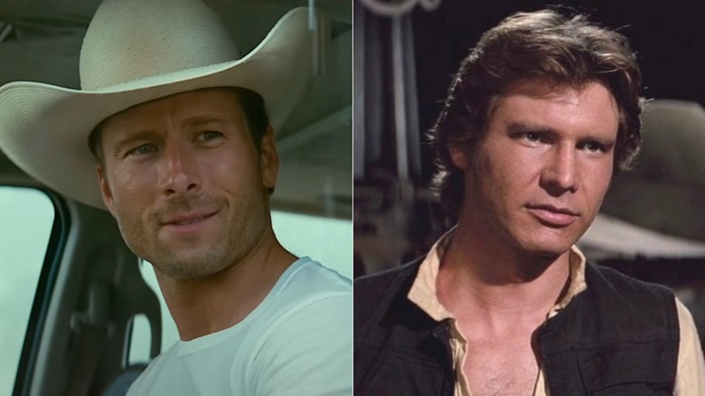 Tyler Owens wearing a hat in Twisters and Han Solo looking cocky in Star Wars: A New Hope