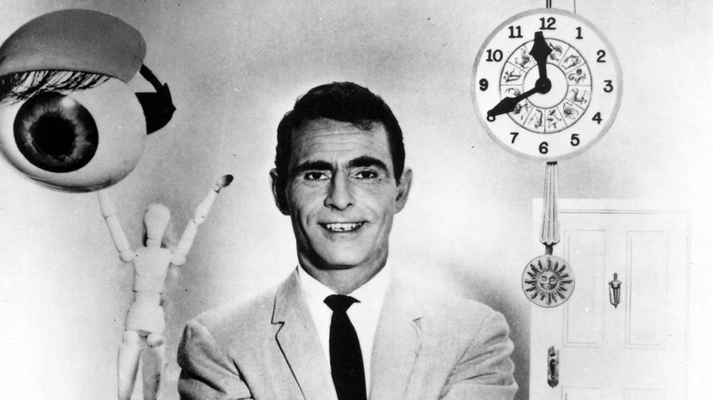 Rod Serling standing in front of psychedelic background