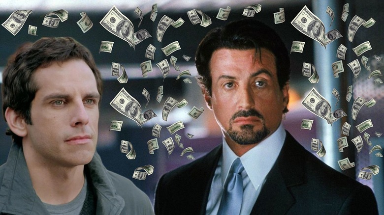 Ben Stiller's Greg Focker staring down Sylvester Stallone's Jack Carter surrounded by money