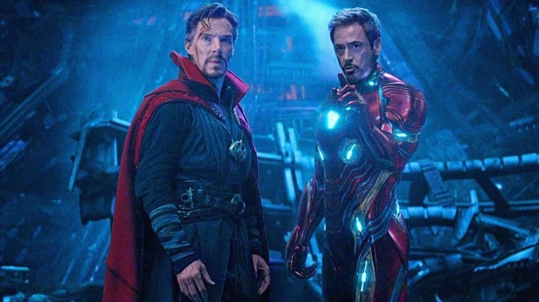 Benedict Cumberbatch as Doctor Strange and Robert Downey Jr. as Iron Man in Avengers: Infinity War