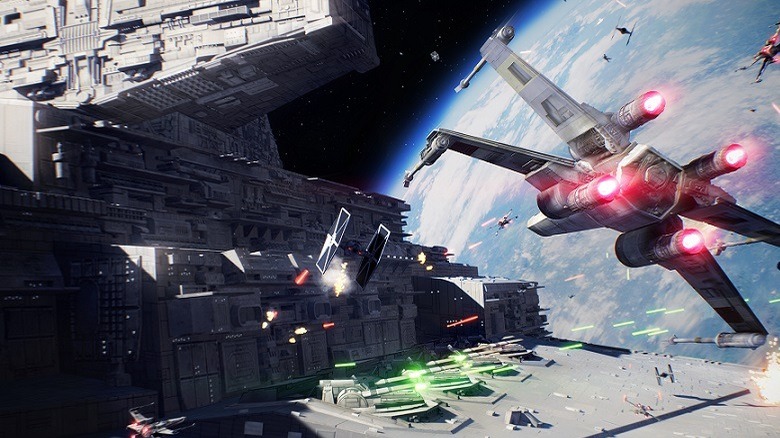 An X Wing assaults a Star Destroyer