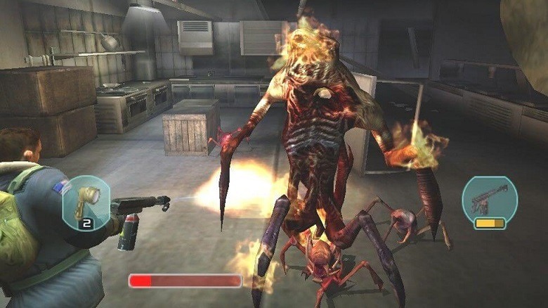 A thing attacks our hero in a kitchen