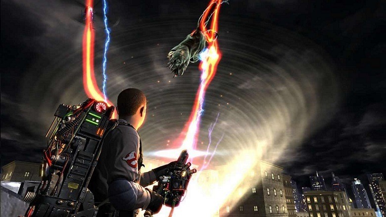 A ghostbuster tries to trap a ghost with a proton beam