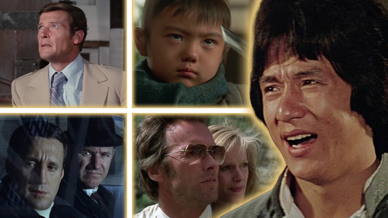Jackie Chan in Drunken Master next to shots from The Spy Who Loved Me, The French Connection, The Gauntlet, and Lone Wolf and Cub: Baby Cart at the River Styx in a composite image