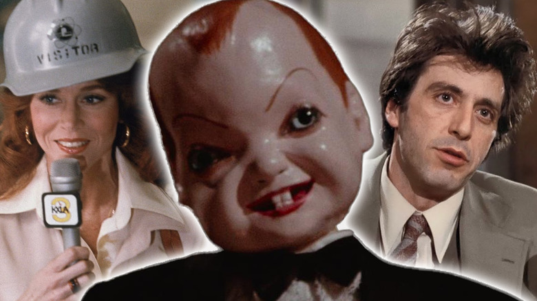 The porcelain doll in Deep Red surrounded by Jane Fonda in The China Syndrome and Al Pacino in And Justice for All in a composite image