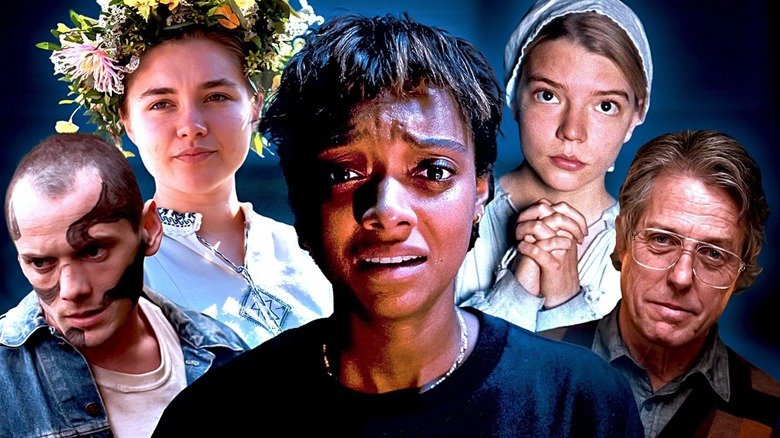 A composite image showing Sophie Wilde in the center, looking terrified, from Talk to Me. On the sides, Florence Pugh in Midsommar, Anton Yelchin in Green Room, Anya Taylor-Joy in The Witch, and Hugh Grant in Heretic grinning