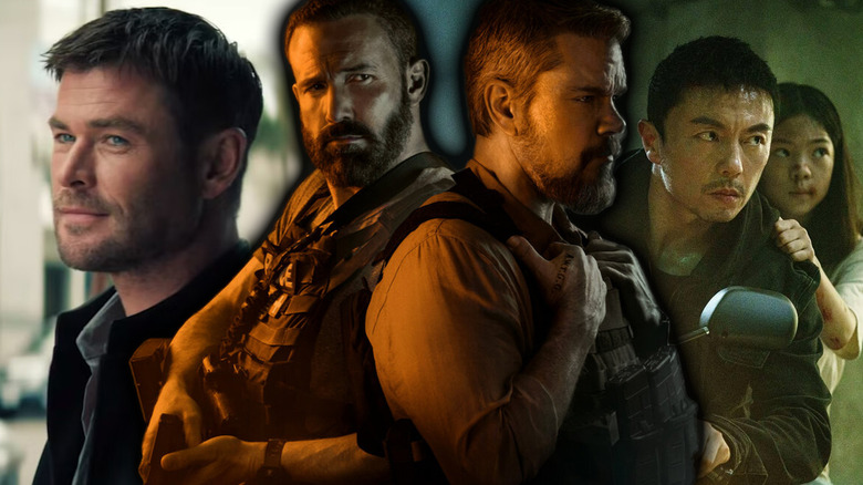 A composite image of characters from Crime 101, The Rip, and The Furious