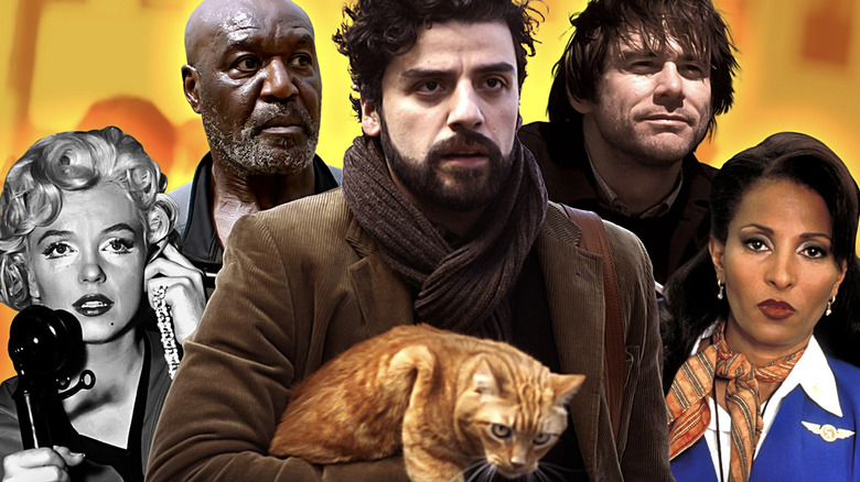 A collage of Marilyn Monroe as Sugar in Some Like It Hot, Delroy Lindo as Paul in Da Five Bloods, Oscar Isaac as Llewyn Davis in Inside Llewyn Davis, Jim Carrey as Joel Barish in Eternal Sunshine of the Spotless Mind, and Pam Grier as Jackie Brown