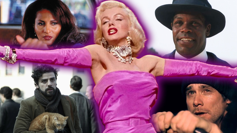 Marilyn Monroe in Gentlemen Prefer Blondes surrounded by shots Jim Carrey as Joel Barish in Eternal Sunshine of the Spotless Mind, Pam Grier as Jackie Brown, Oscar Isaac in Inside Llewyn Davis, and Danny Glover in The Color Purple