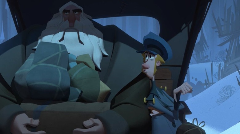 Klaus' Klaus and Jesper sitting uncomfotably in sleigh