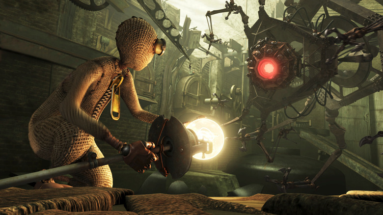 One of the ragdoll characters in 9 facing a robotic monster