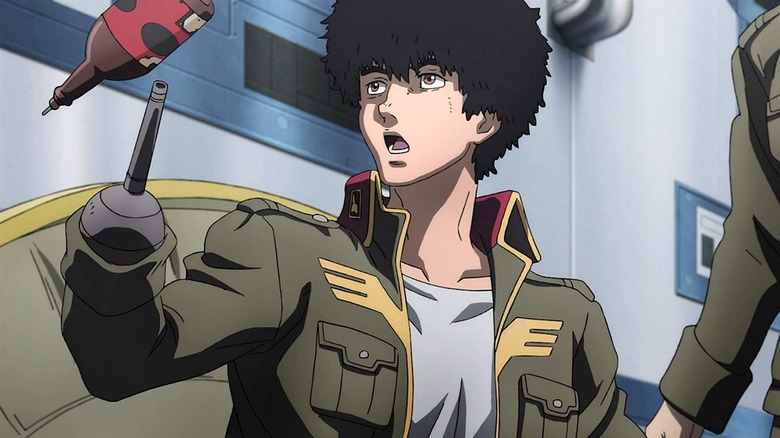 Daryl Lorenz glances up at a thrown bottle in Mobile Suit Gundam Thunderbolt