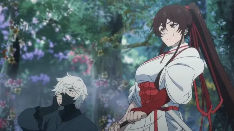 Gabimaru and Yamada Asaemon Sagiri stand in a flowery forest in Hell's Paradise