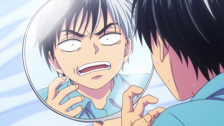 A shocked Juzo Ogami looks at himself in a mirror in Kill Blue
