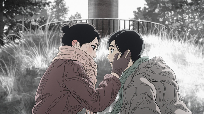 Saki Higashimachi touches the face of Aoteru Misumi as they sit on a grassy hill in Nippon Sangoku