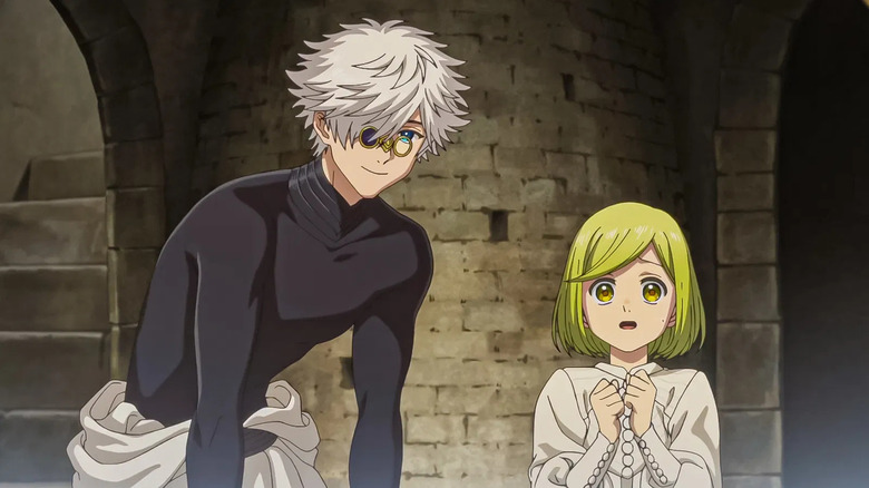 Qifrey leans over smiling over a surprised Coco in Witch Hat Atelier