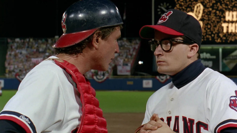 Jake Taylor (Tom Berenger) speaks with Ricky Vaughn (Charlie Sheen) on the pitcher's mound in Major League