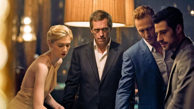 Elizabeth Debicki, Hugh Laurie, Tom Hiddleston, and David Avery as Jed, Dicky, Jonathan, and Freddie in The Night Manager