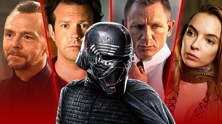 Simon Pegg, Jason Sudeikis, Daniel Craig, and Jodie Comer surrounding Kylo Ren (Adam Driver) from Star Wars: The Force Awakens (2015)