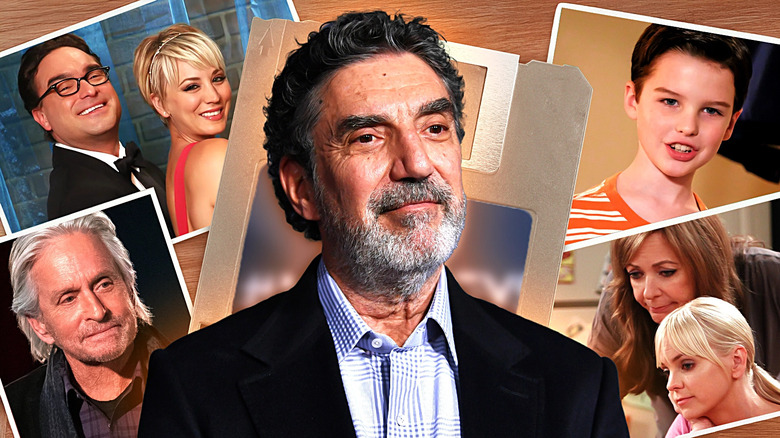 Chuck Lorre next to characters from his various TV sitcoms